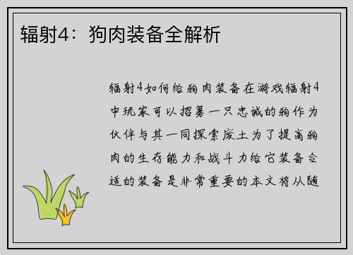 辐射4：狗肉装备全解析